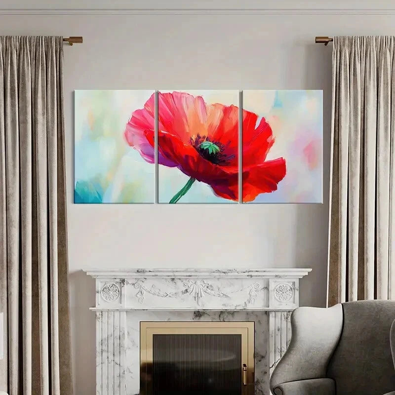 3pcs Vibrant Red Flower Art Abstract Floral Metal Print Ready to Hang Art - Bella Home Decor