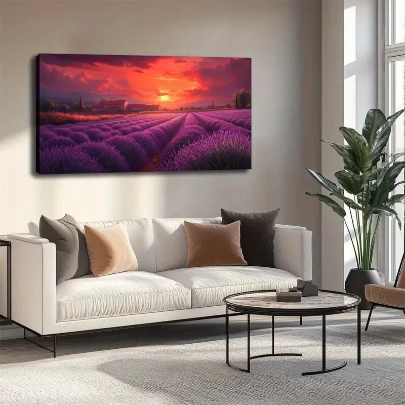 Vibrant Lavender Field Sunset Wall Art canvas office home room framed 120x60cm - Bella Home Decor