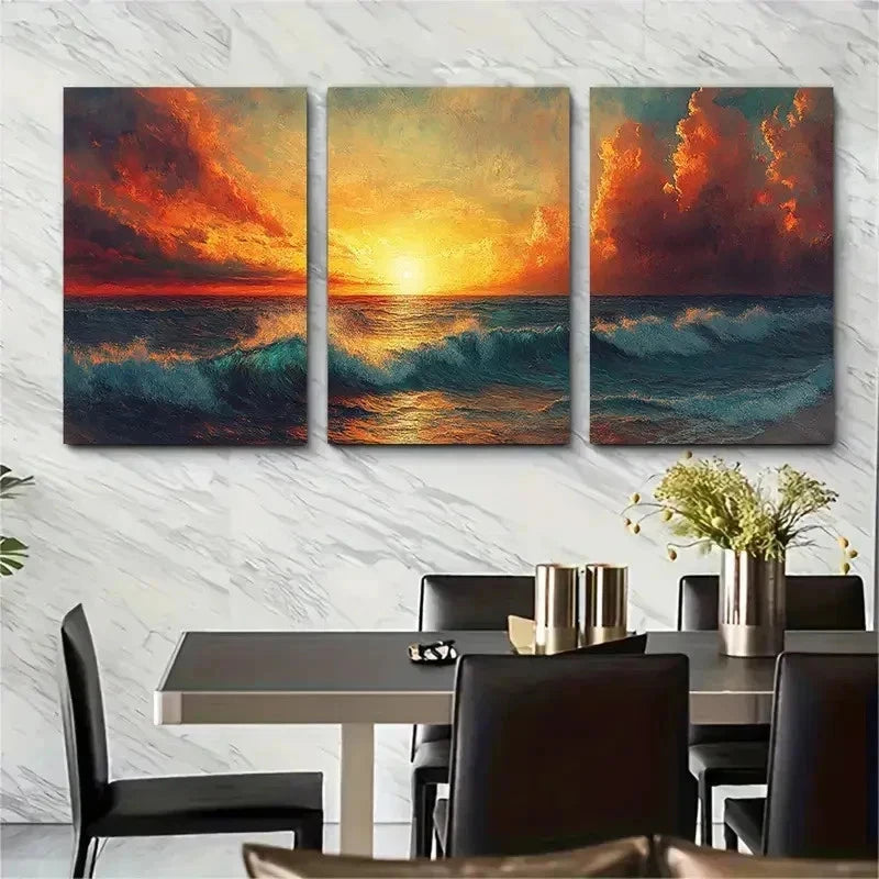 3pcs Vibrant Ocean Waves & Cloudy Sky Perfect Wall Art Set Canvas Framed 50x70cm - High Quality Print 100% Australian Made Wall Canvas Ready to Hang