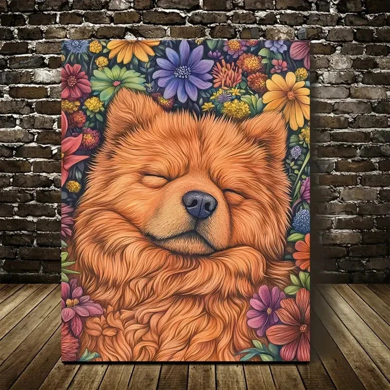 Charming Chow Chow Dog Vibrant Floral Painting 40x60cm Metal Print Ready to Hang - Bella Home Decor