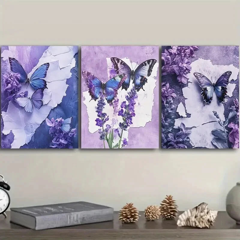 3pcs Butterfly And Floral Canvas Wall Art Metal Print Ready to Hang Art