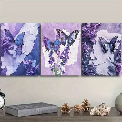 3pcs Butterfly And Floral Canvas Wall Art Metal Print Ready to Hang Art