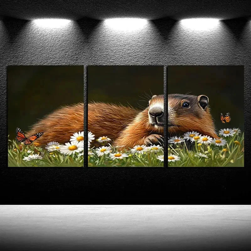 3pcs Vibrant Otter and Butterfly on Floral Bed Metal Print Ready to Hang Art - Bella Home Decor