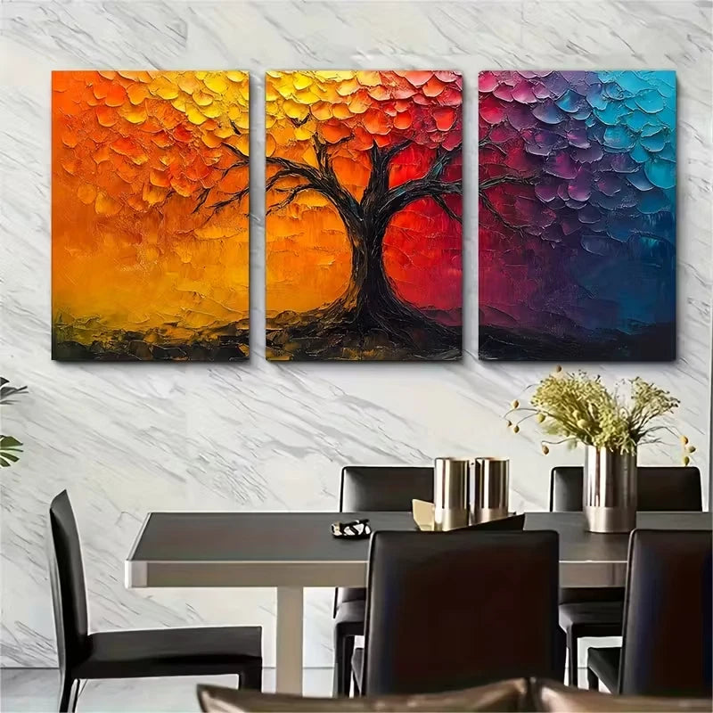 3pcs Vibrant Colorful Tree Colorful Textured Metal Print Ready to Hang Art