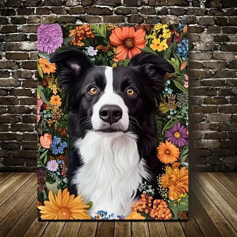 Cute Border Collie with Vibrant Floral Border Painting 40x60cm Metal Print Ready to Hang