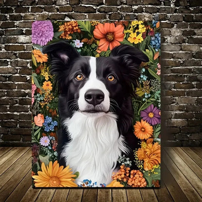Cute Border Collie with Vibrant Floral Border Painting 40x60cm Metal Print Ready to Hang