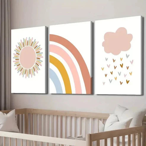 3pcs Cartoon Sun and Rainbow and Love Rain Wall Art Canvas Unframed - High Quality Print 100% Australian Made Wall Canvas - Bella Home Decor