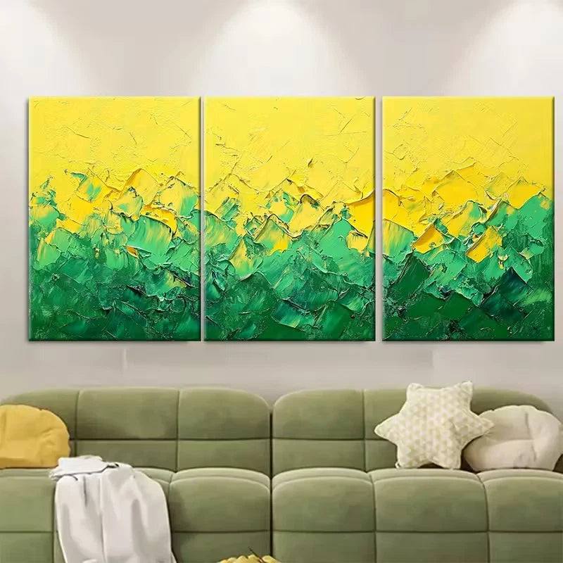 3pcs Abstract Thick Textured Yellow Green Painting Metal Print Ready to Hang Art - Bella Home Decor