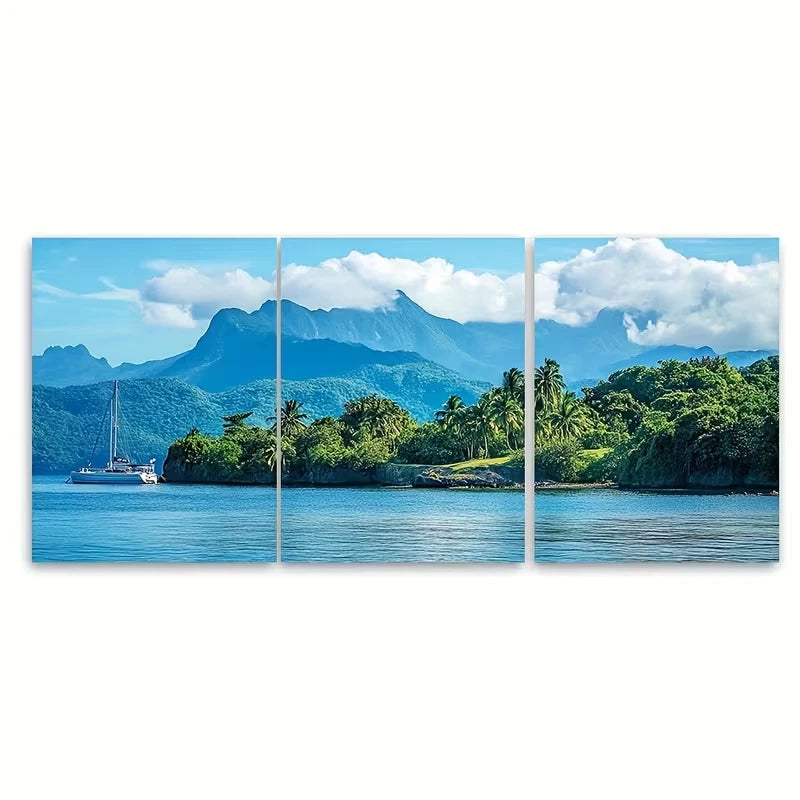 3pcs Blue Mountains Caribbean Travel Wall Art Set Canvas Framed 50x70cm - High Quality Print 100% Australian Made Wall Canvas Ready to Hang - Bella Home Decor