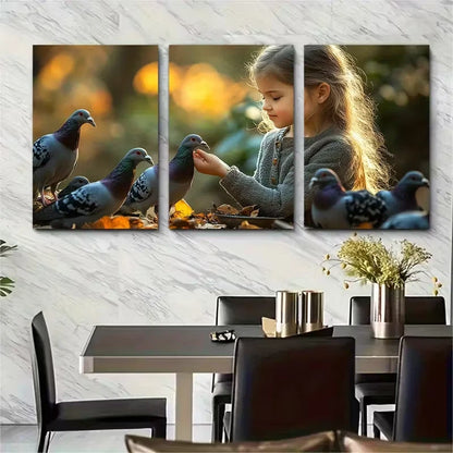 3pcs Kind Girl Feeding Pigeons Metal Print Ready to Hang Art