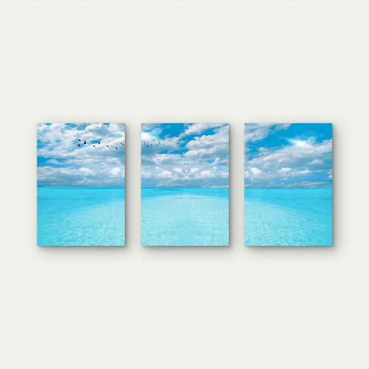 3pcs Tranquil Blue Waters Under Clouds Wall Art Set Canvas Framed 40x60cm - High Quality Print 100% Australian Made Wall Canvas Ready to Hang