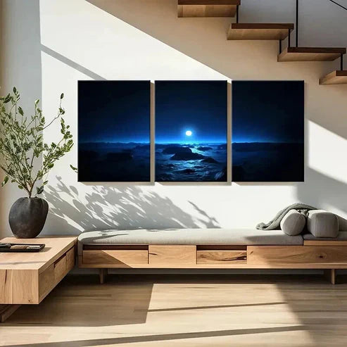 3pcs Full Moon Over Beach Landscape Wall Art Canvas Unframed - High Quality Print 100% Australian Made Wall Canvas - Bella Home Decor