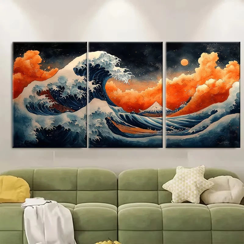 3pcs Watercolor Japanese Wave Pattern Metal Print Ready to Hang Art - Bella Home Decor