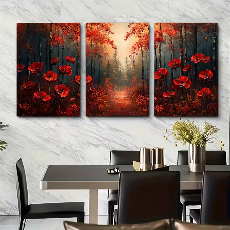 3pcs Abstract Red & Orange Trees Metal Print Ready to Hang Art - Bella Home Decor