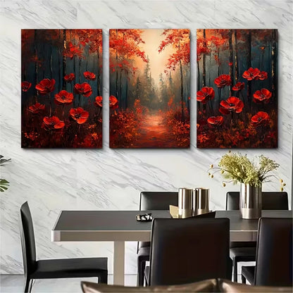 3pcs Abstract Red & Orange Trees Metal Print Ready to Hang Art - Bella Home Decor