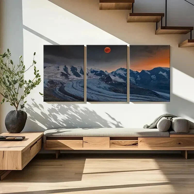 3pcs Red Moon and Snow Mountains Landscape Wall Art Set Canvas Framed 40x60cm - High Quality Print 100% Australian Made Wall Canvas Ready to Hang - Bella Home Decor