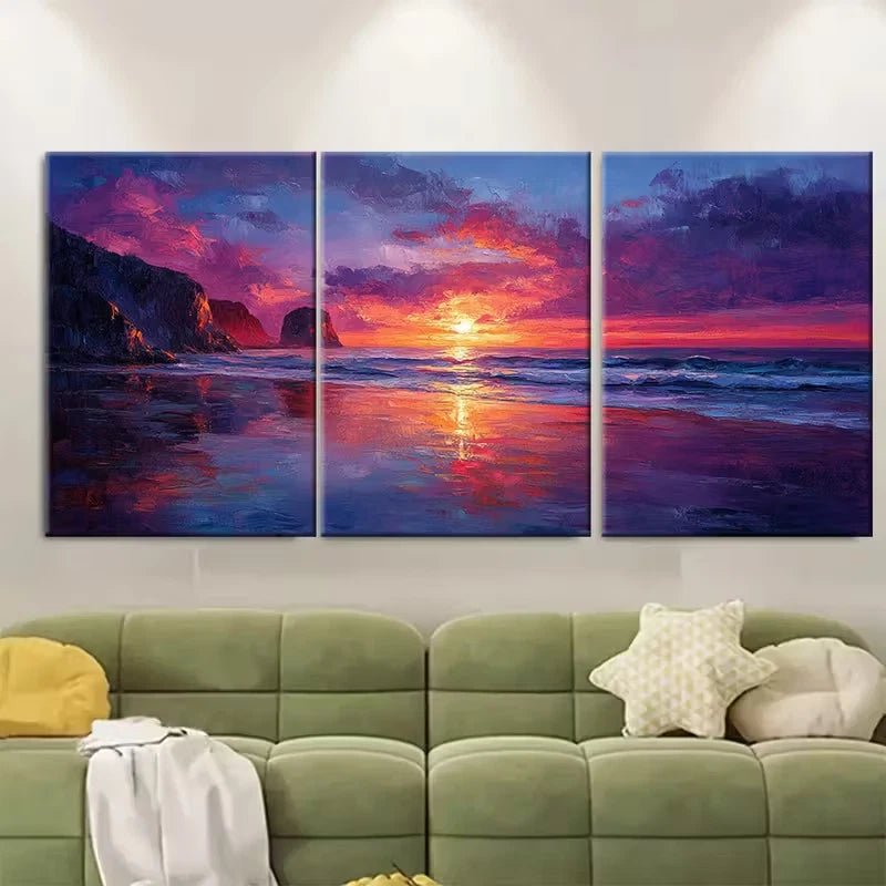 3pcs Cannon Beach Sunset Seascape Oil Painting Metal Print Ready to Hang Art - Bella Home Decor