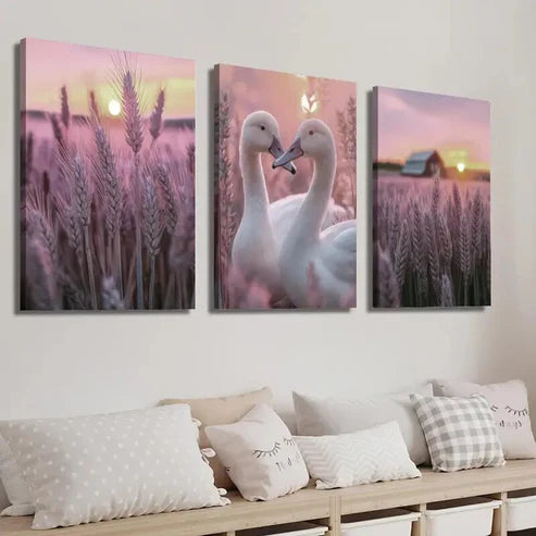 3pcs Sunset Swans & Purple Wheat Field Decor Wall Art Set Canvas Unframed - High Quality Print 100% Australian Made Wall Canvas