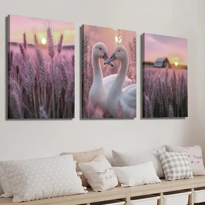 3pcs Sunset Swans & Purple Wheat Field Decor Wall Art Set Canvas Unframed - High Quality Print 100% Australian Made Wall Canvas