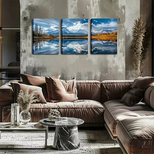 3pcs Landscape Painting with Lake and Blue Sky Wall Art Set Canvas Framed 60x90cm - High Quality Print 100% Australian Made Wall Canvas Ready to Hang - Bella Home Decor