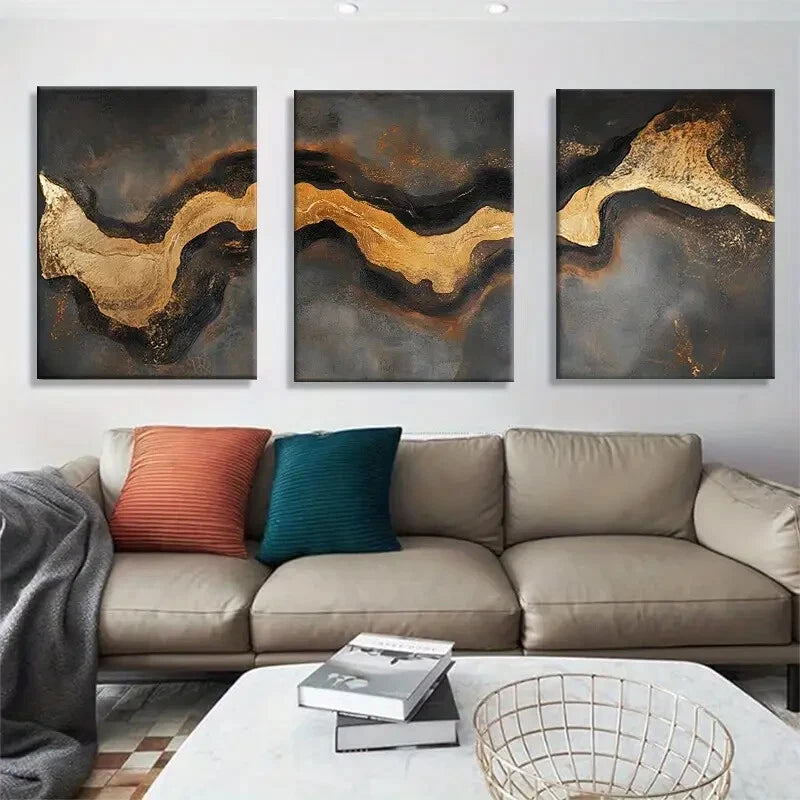 3pcs Abstracts Golden Black Themed Metal Print Ready to Hang Art - Bella Home Decor
