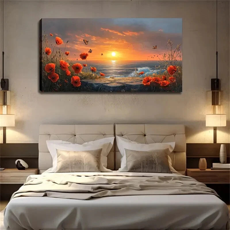 Vibrant Orange-Red Poppies Wall Art Canvas Office Home Room Framed 120x60cm - Bella Home Decor