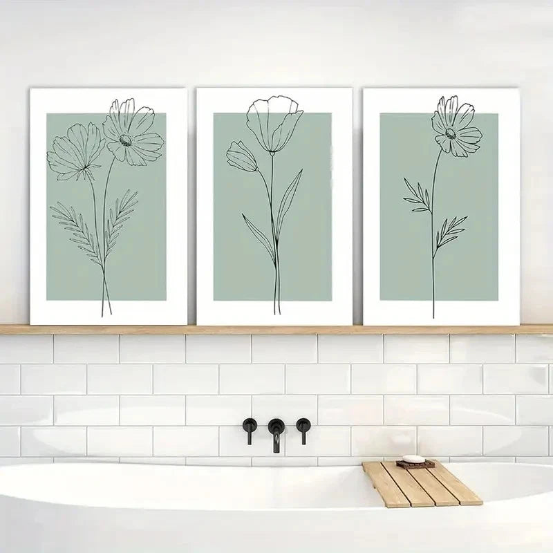 3pcs Minimalist Botanical Flower Paintings Metal Print Ready to Hang Art - Bella Home Decor