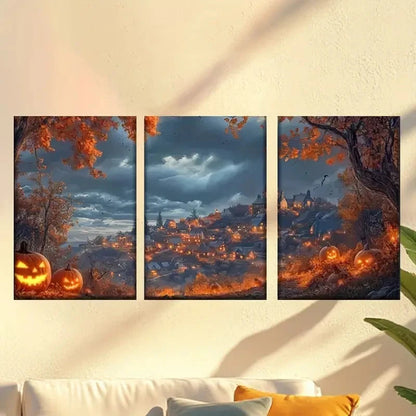 3pcs Halloween Theme with Pumpkins And Castle Wall Art Set Canvas Framed 40x60cm - High Quality Print 100% Australian Made Wall Canvas Ready to Hang