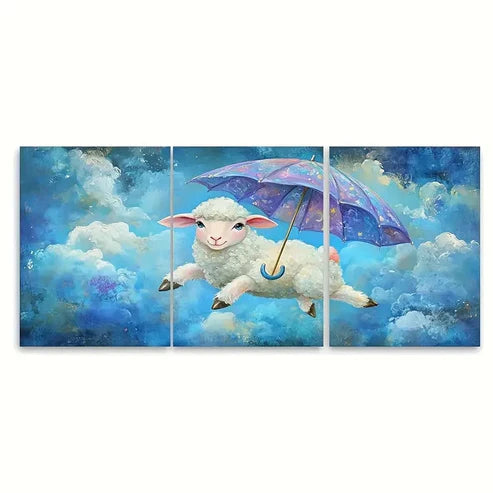 3pcs Flying Sheep with Umbrella Whimsical Design Wall Art Set Canvas Unframed - High Quality Print 100% Australian Made Wall Canvas - Bella Home Decor
