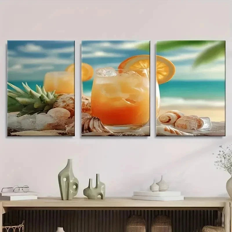 3pcs Tropical Orange Juice with Ice Cubes Wall Art Set Canvas Framed 50x70cm - High Quality Print 100% Australian Made Wall Canvas Ready to Hang