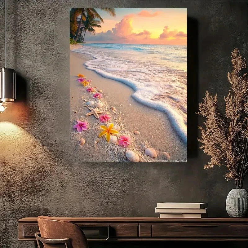 Beautiful Tropical Beach Sunset Painting 40x60cm Metal Print Ready to Hang - Bella Home Decor