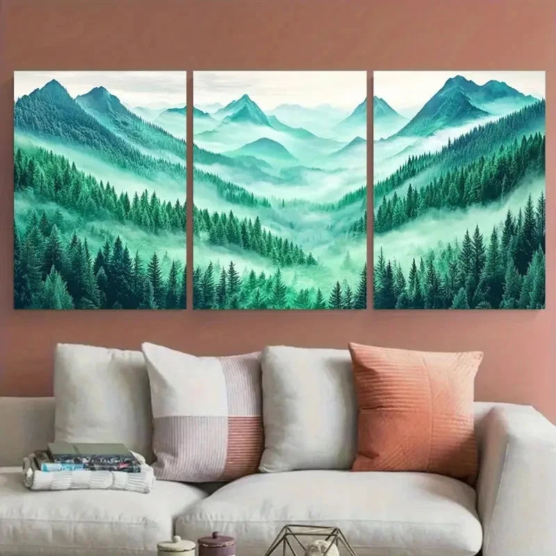3pcs Emerald Green Forest Misty Mountain Wall Art Set Canvas Framed 40x60cm - High Quality Print 100% Australian Made Wall Canvas Ready to Hang