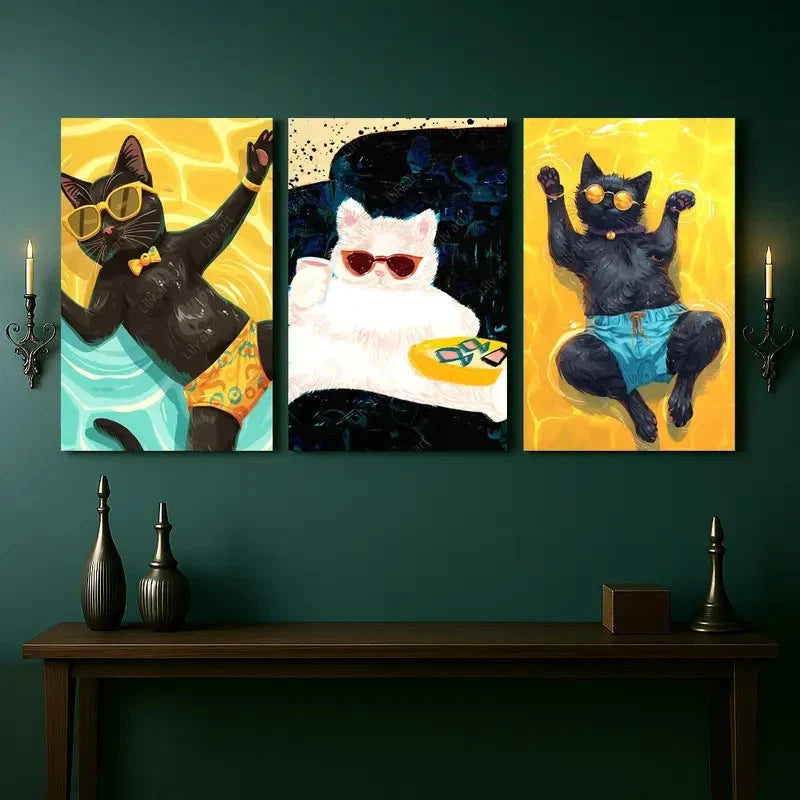 3pcs Fun Cat with Stylish Glasses and Swim Trunks Metal Print Ready to Hang Art - Bella Home Decor