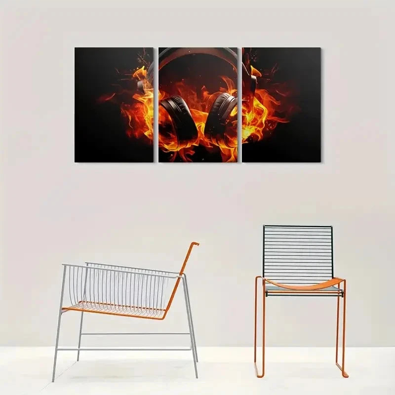 3pcs Abstract Fire Vibrant Orange & Black Metal Print Ready to Hang Art - Bella Home Decor