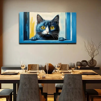 Vibrant Blue-Eyed Cat Peeking Wall Art Canvas Office Home Room Framed 120x60cm