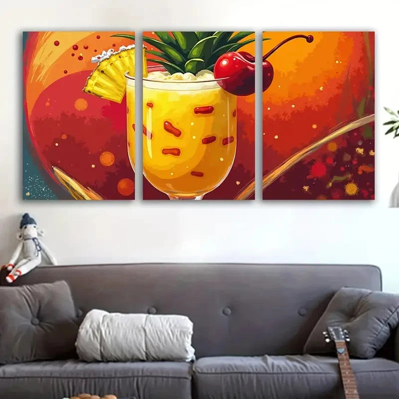3pcs Vibrant Beverage Art Deco Poster Wall Art Set Canvas Framed 50x70cm - High Quality Print 100% Australian Made Wall Canvas Ready to Hang
