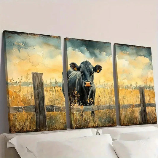 3pcs Black Cow Watercolor TY Wall Art Set Canvas Framed 60x90cm - High Quality Print 100% Australian Made Wall Canvas Ready to Hang