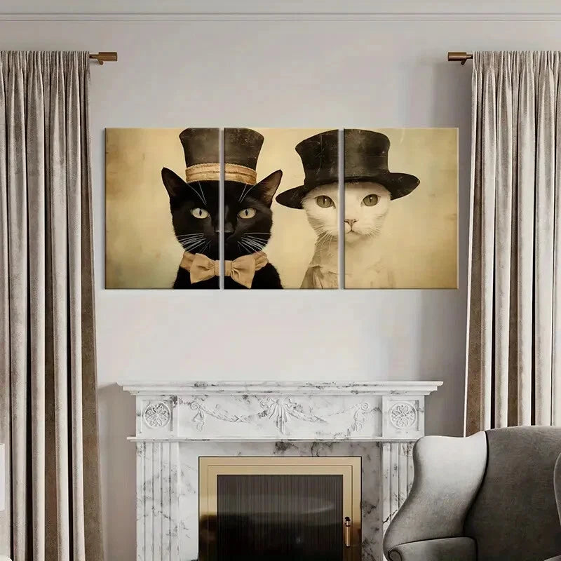 3pcs Elegant Cats In Top Hats Vintage Style Metal Print Ready to Hang Art - Bella Home Decor