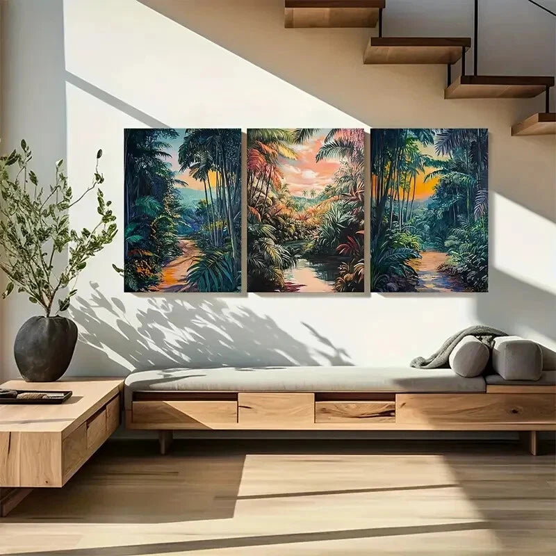 3pcs Scenic Tropical Forest Sunsets Metal Print Ready to Hang Art - Bella Home Decor