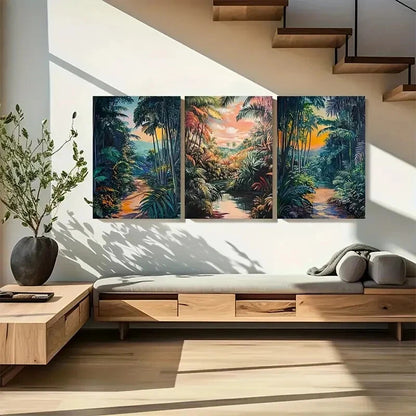 3pcs Scenic Tropical Forest Sunsets Metal Print Ready to Hang Art - Bella Home Decor