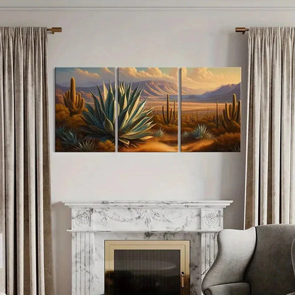 3pcs Vibrant Cactus & Mountain Sunset Scene Metal Print Ready to Hang Art - Bella Home Decor