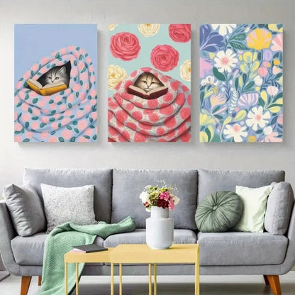 3pcs Whimsical Cat & Floral   Wall Art Set Canvas Framed 50x70cm - High Quality Print 100% Australian Made Wall Canvas Ready to Hang