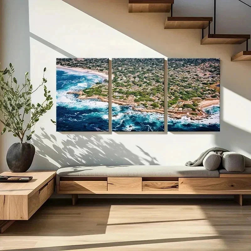 3pcs Sea Waves Coastline Modern Decor Wall Art Set Canvas Framed 60x90cm - High Quality Print 100% Australian Made Wall Canvas Ready to Hang