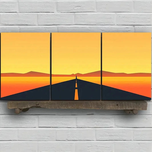 3pcs Sunset Glow Road Trio Orange Themed Metal Print Ready to Hang Art