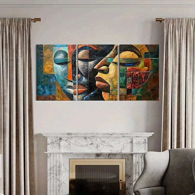 3pcs Abstract Faces Art Geometric Design Metal Print Ready to Hang Art - Bella Home Decor
