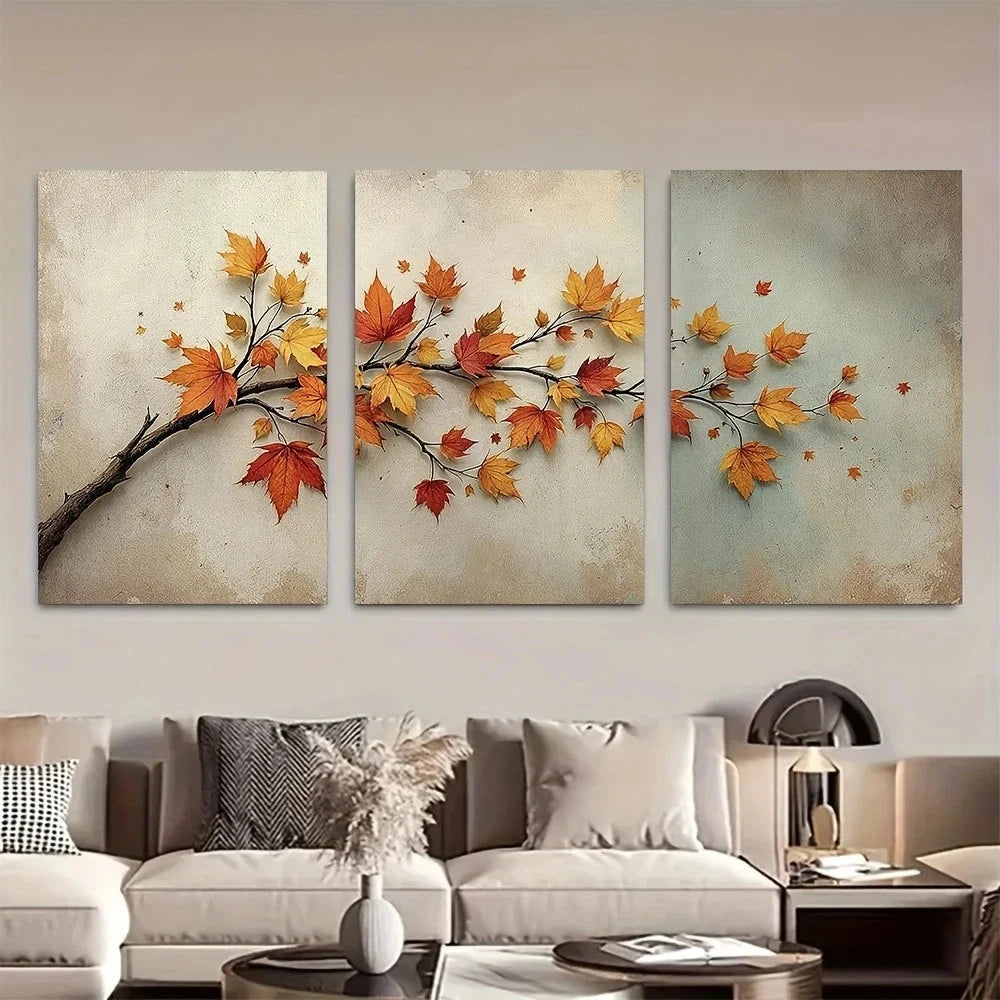 3pcs Golden Autumn Leaves Earthy Tones Metal Print Ready to Hang Art - Bella Home Decor