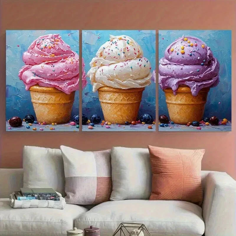 3pcs Ice Cream Candy Food Kitchen Cafe Metal Print Ready to Hang Art - Bella Home Decor