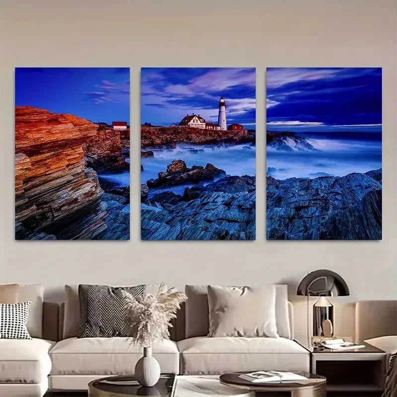 3pcs Portland Maine Lighthouse After the Storm Metal Print Ready to Hang Art
