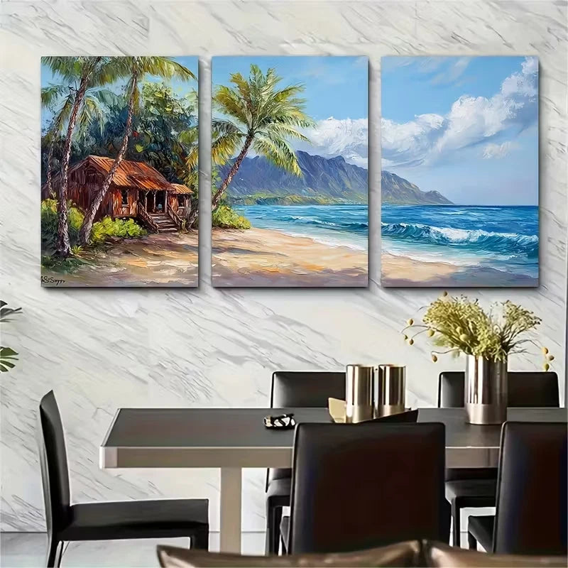 3pcs, Hawaii Oil Painting Bungalow Metal Print Ready to Hang Art