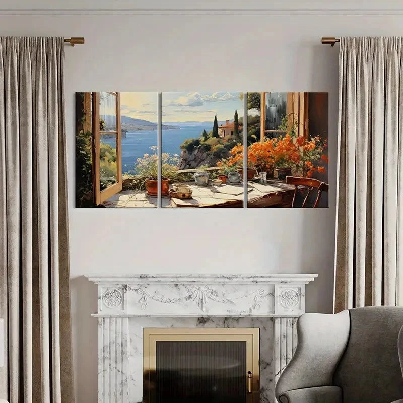 3pcs Artistic Mediterranean Landscape Coastal Metal Print Ready to Hang Art - Bella Home Decor